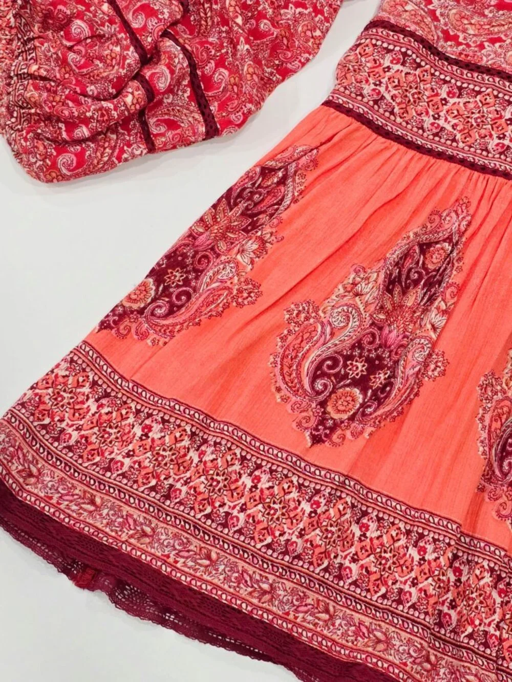 Free People ✦ Paisley Babydoll Tunic Dress ✦ Red Orange Oversized Boho Festival - Picture 8 of 13